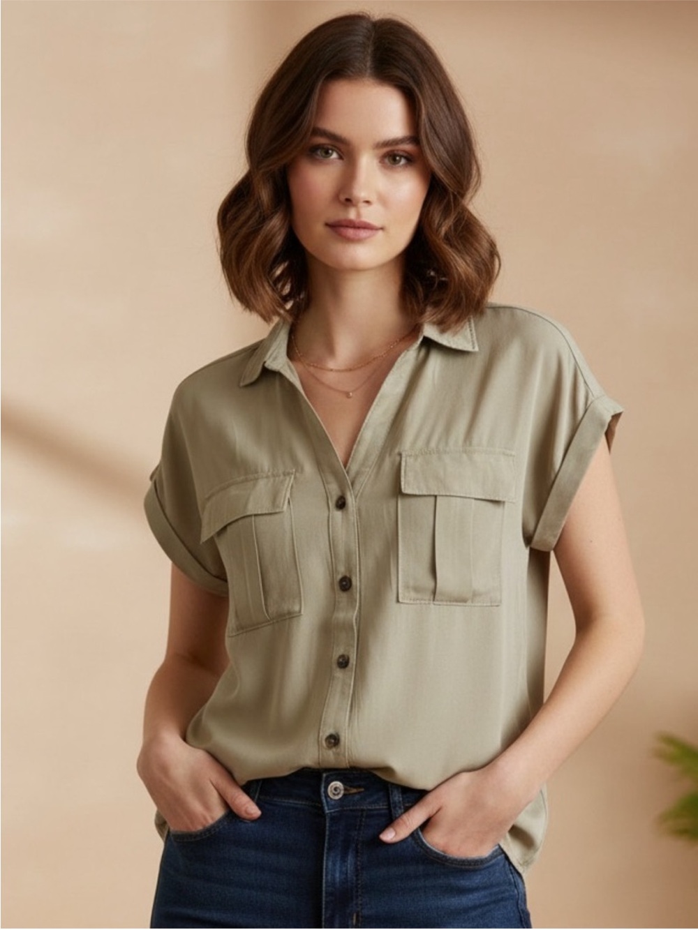 Zenana Outfitters Short-Sleeve Button Front Utility Shirt in Olive Green